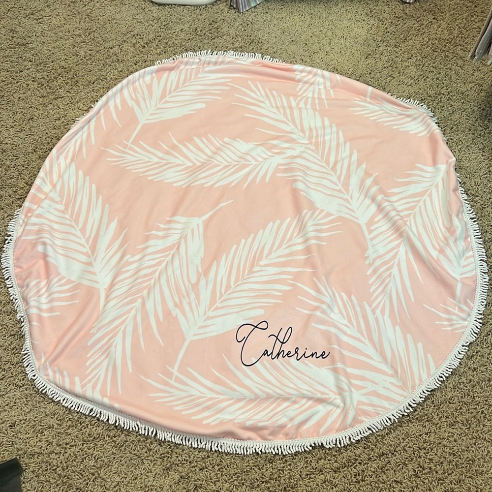 Pink/White Palm Fringe Towel with "Catherine" Print